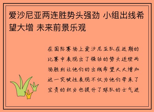 爱沙尼亚两连胜势头强劲 小组出线希望大增 未来前景乐观