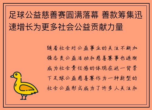 足球公益慈善赛圆满落幕 善款筹集迅速增长为更多社会公益贡献力量