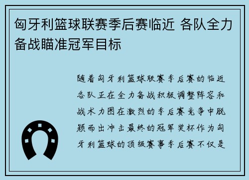 匈牙利篮球联赛季后赛临近 各队全力备战瞄准冠军目标