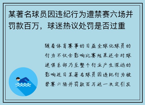 某著名球员因违纪行为遭禁赛六场并罚款百万，球迷热议处罚是否过重