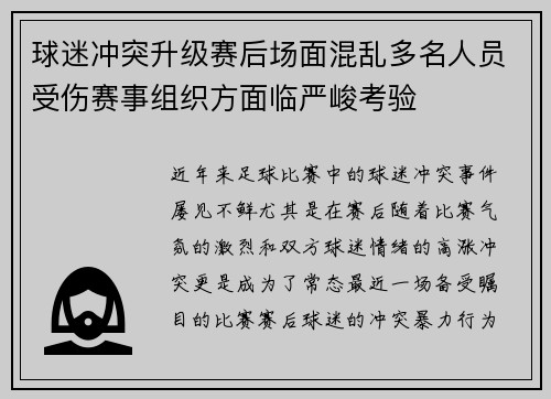 球迷冲突升级赛后场面混乱多名人员受伤赛事组织方面临严峻考验