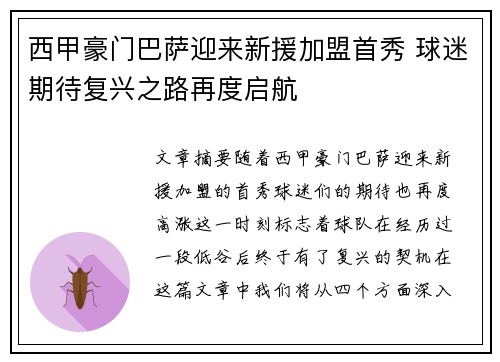 西甲豪门巴萨迎来新援加盟首秀 球迷期待复兴之路再度启航